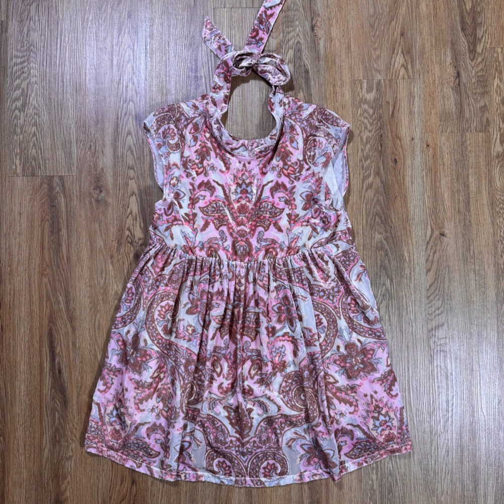 Free People Pink Paisley Burnout Velvet Halter Neck Peplum Top Size S